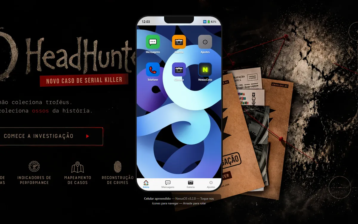 Celular simulado no navegador, com apps de mensagens, galeria e telefone, sobre o cenário de um boardgame de investigação.