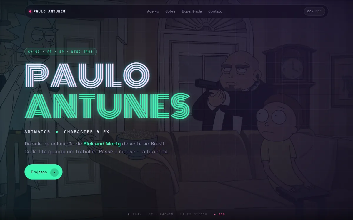 Portfólio de animador com título em neon e estética de fita VHS.